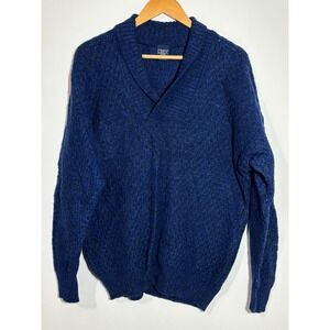 CREW Sweater Men L Blue Shetland Wool Shawl Collar Pullover Made in England‎